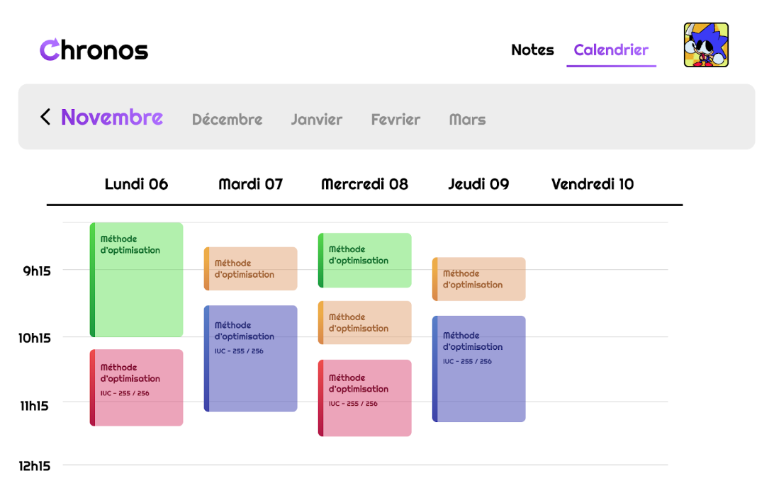 Calendrier de l'application Chronos